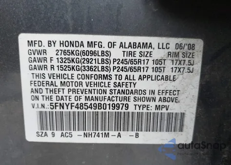 2009 Honda Pilot Ex-L from USA, damaged, VIN 5FNYF48549B019979